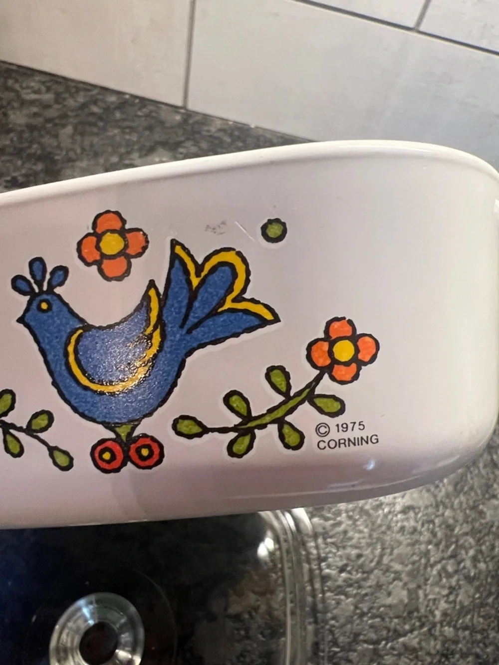 1975 CorningWare Bluebird Pattern Covered Casserole Dish - White/Blue